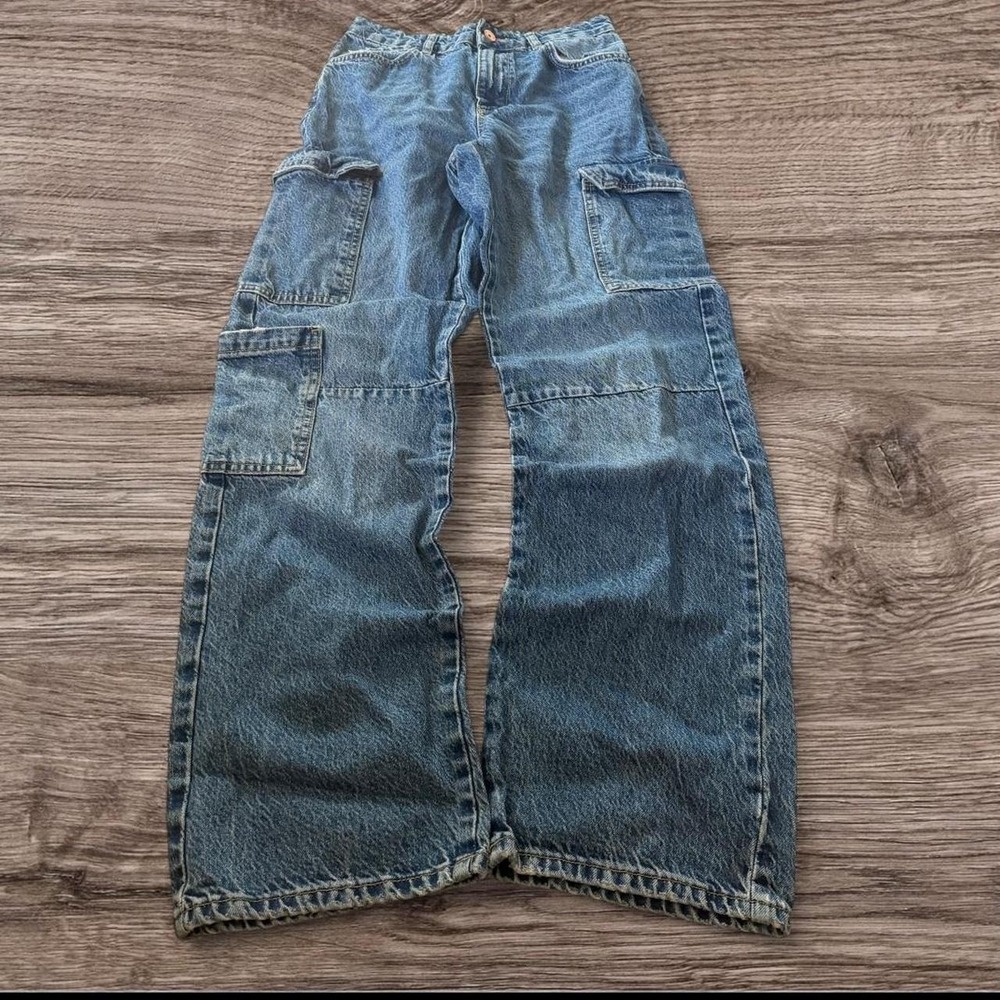 25x28 Blue Wide Leg Straight Skater Cargo Denim Jeans Y2K Vintage